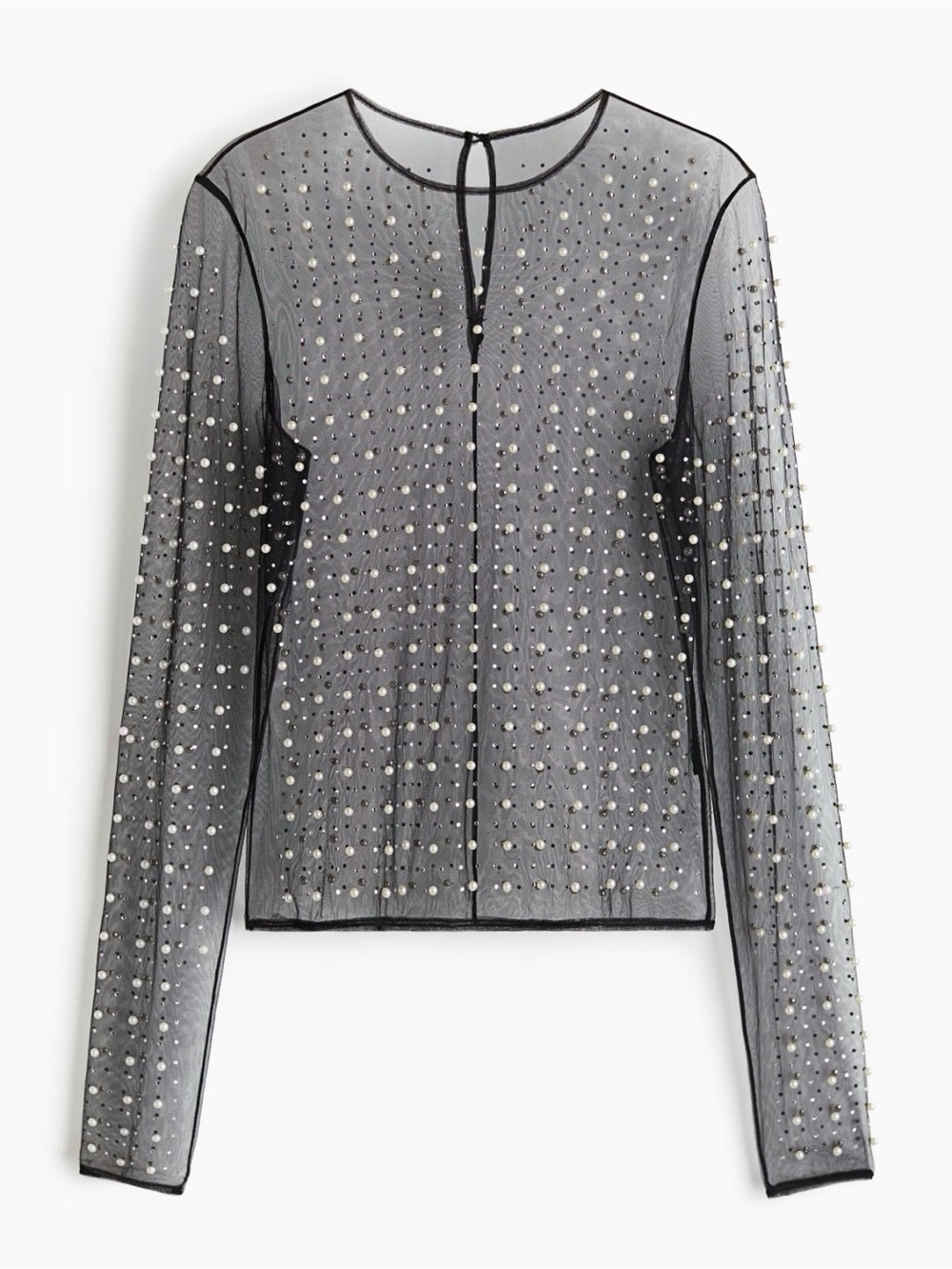 Sheer Embellished Mesh Long-Sleeve Top - S Black NEW